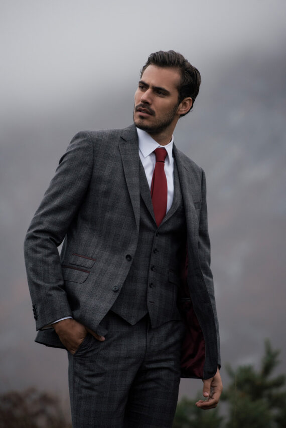 Charcoal & Burgundy Glencheck 3 Piece Suit