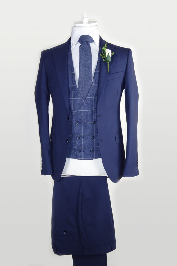 Navy Suit Blue Check Double breasted Waistcoat