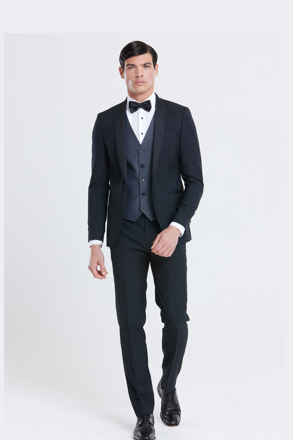 Black Morning Dress Jacket in Pure Wool Satin, grey waistcoat and striped  pants