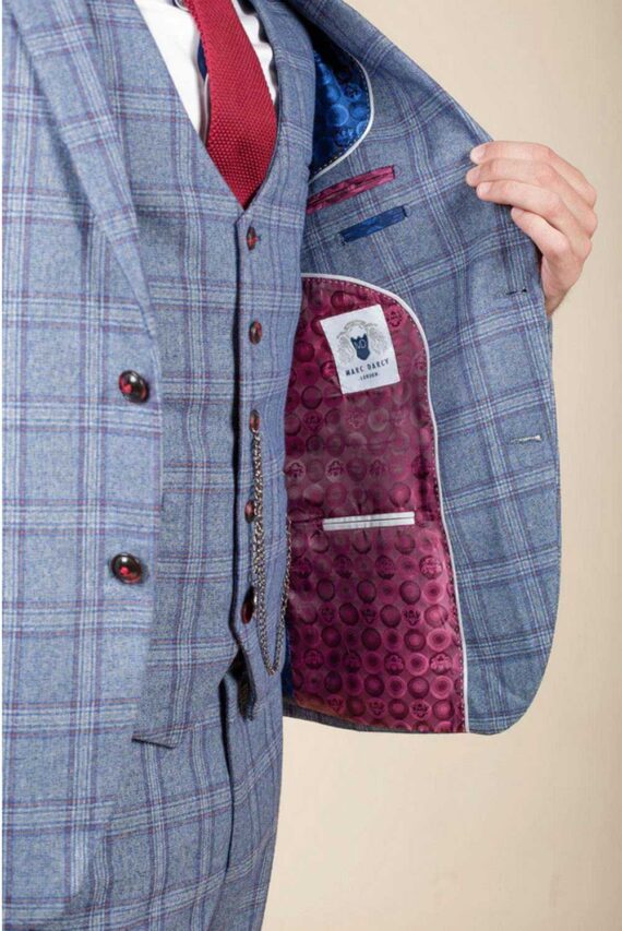 Abbot Blue Tweed Check 3 Piece Suit Berry Lining