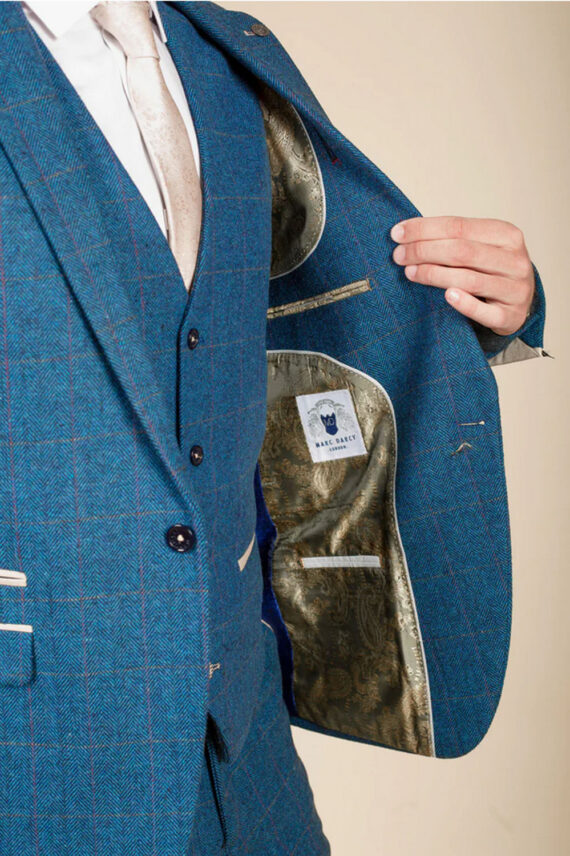 Dion Blue Tweed Check 3 piece suit Paisley Gold Lining