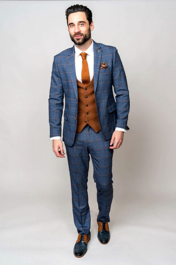 Jenson Sky Blue Check Suit with Tan Waistcoat