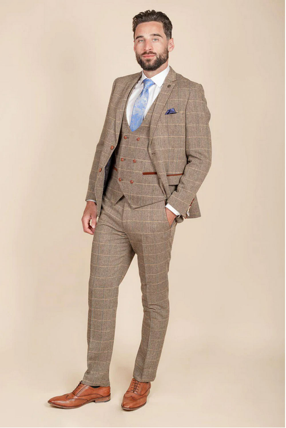 Ted Tan Tweed Check Jacket with Paisley Navy Lining Tan Tweed Check Double-breasted Waistcoat Tan Tweed Check Trousers